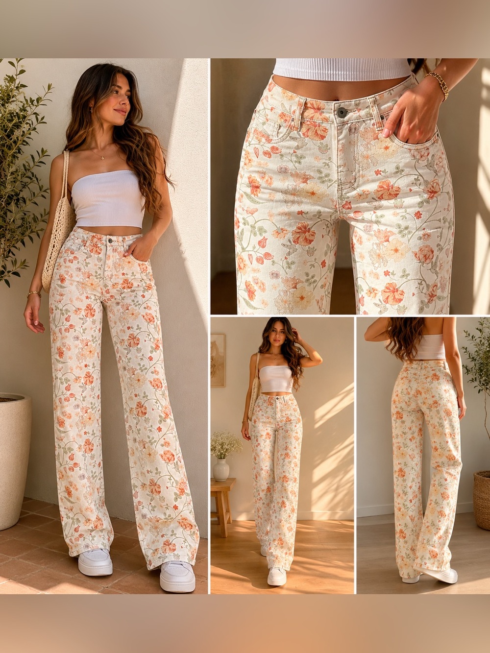 Wide Leg Floral Jeans in Cream and Peach